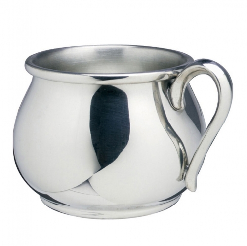 Bulged Baby Cup 2 3/4\ Height x 4\ Width (including handle)
Pewter

Care:  Wash your pewter in warm water, using mild soap and a soft cloth. Dry with a soft cloth. Your pewter should never be exposed to an open flame or excessive heat. Store your pewter trays flat, cups upright, etc. to prevent warping. Do not wrap pewter in anything other than the original wrapping to prevent scratching. Never wrap pewter in tissue paper, as fine line scratching will occur. Never put pewter in a dishwasher. Hand wash only.